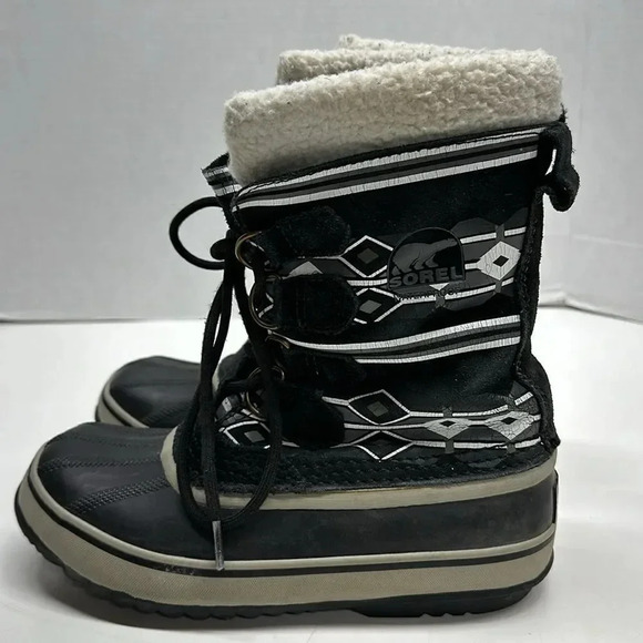 Sorel Pac Boots Snow Winter Sherpa Lined Aztec Geometric Black Women’s Size 5 - Picture 1 of 10